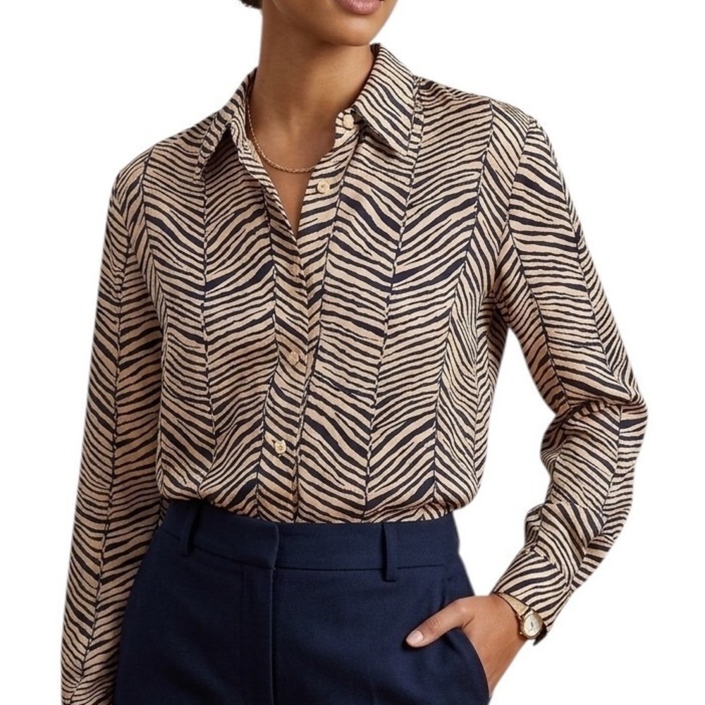 Via Seta Womens XL Silk Zebra Print Button Up Blouse Tan Black Long Sleeve Top